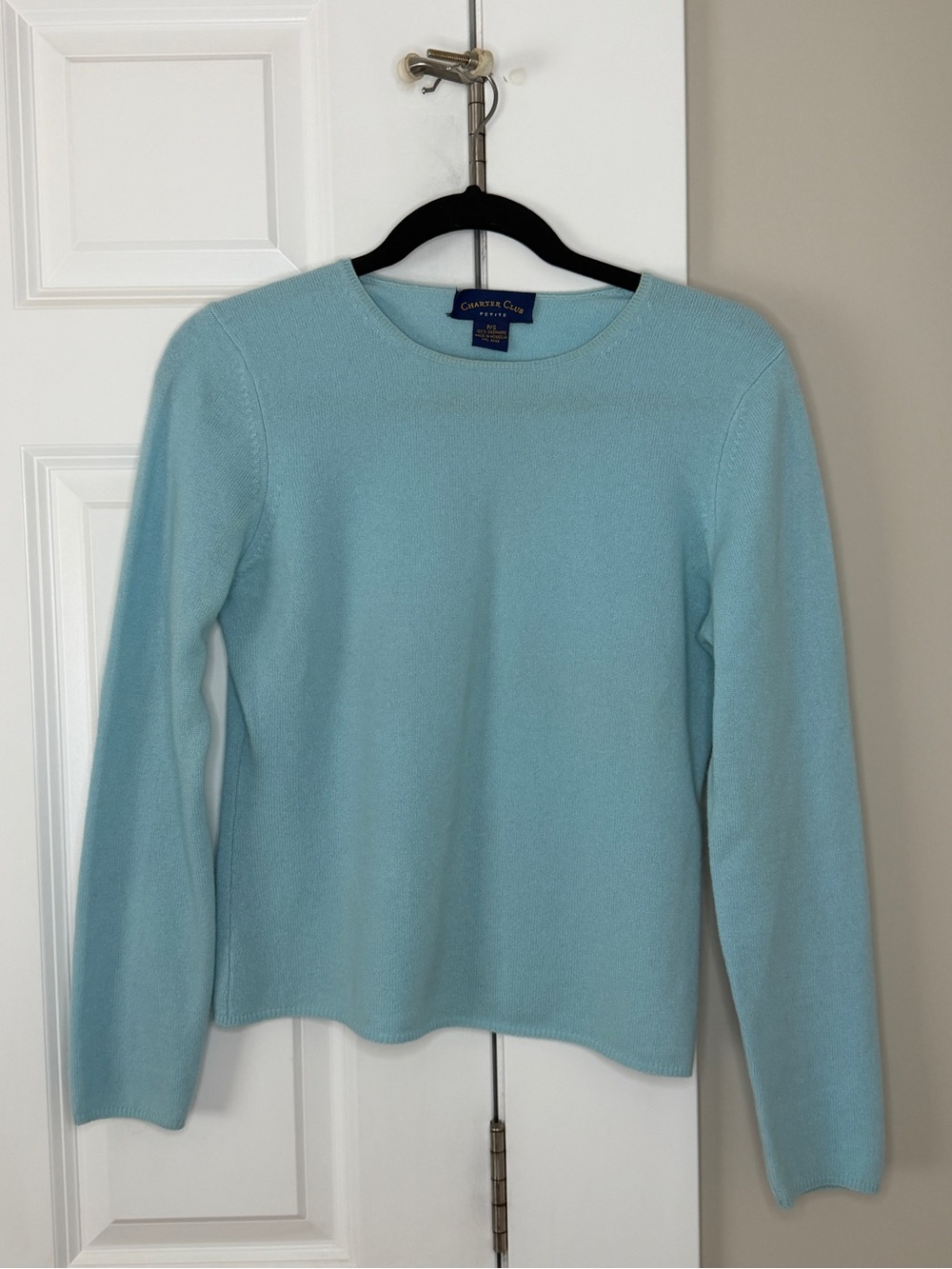 Charter Club Petite 100% Cashmere Pale Aqua Crewneck Sweater